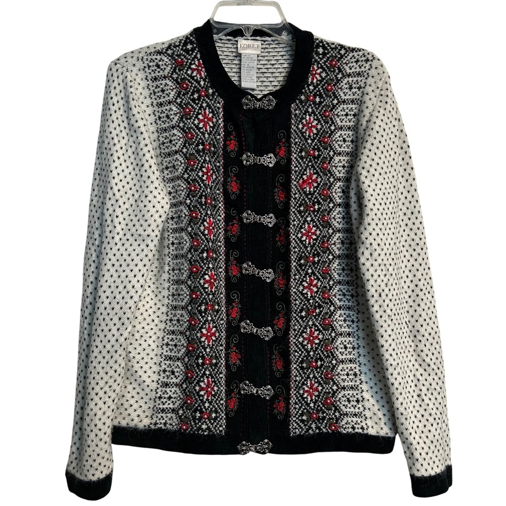 Vintage Koret Nordic Cardigan S Silver Clasps Embroidered Wool Blend